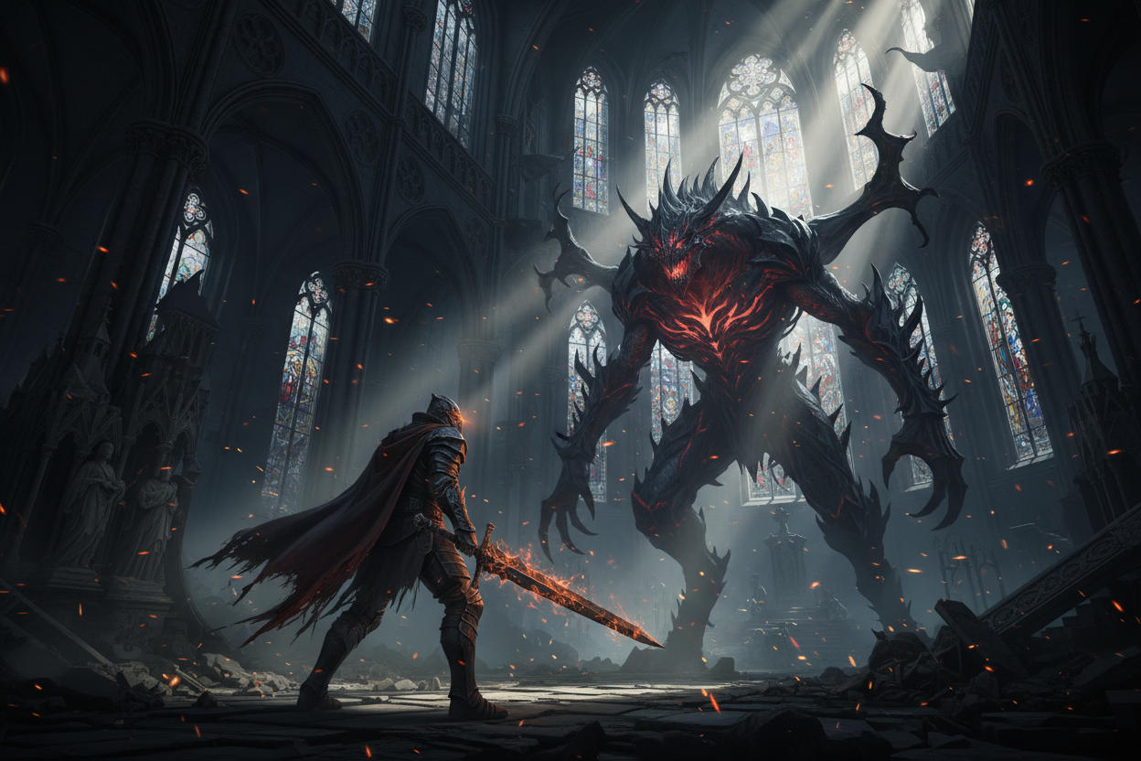 Cảnh chiến đấu trong game RPG phong cách dark soul